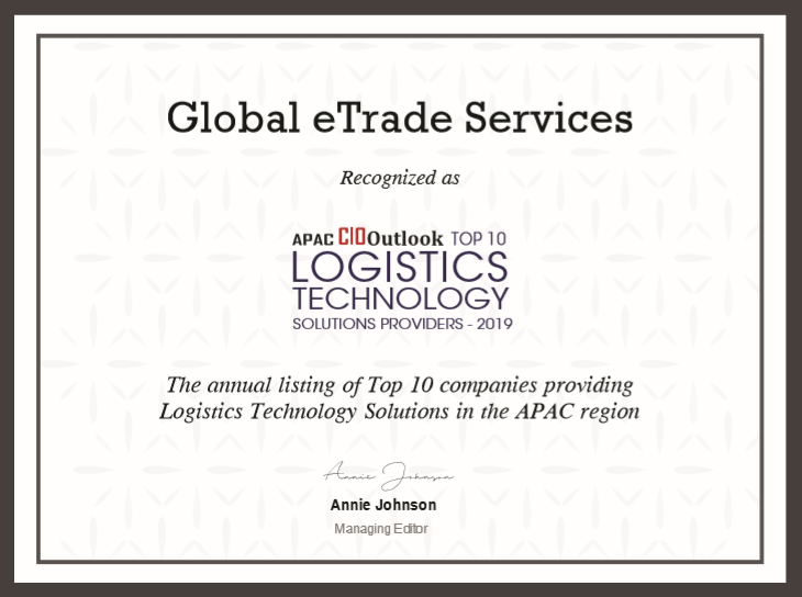 GeTS awarded APAC CIO Outlook Top 10 Logistics Technology Solutions Providers 2019!